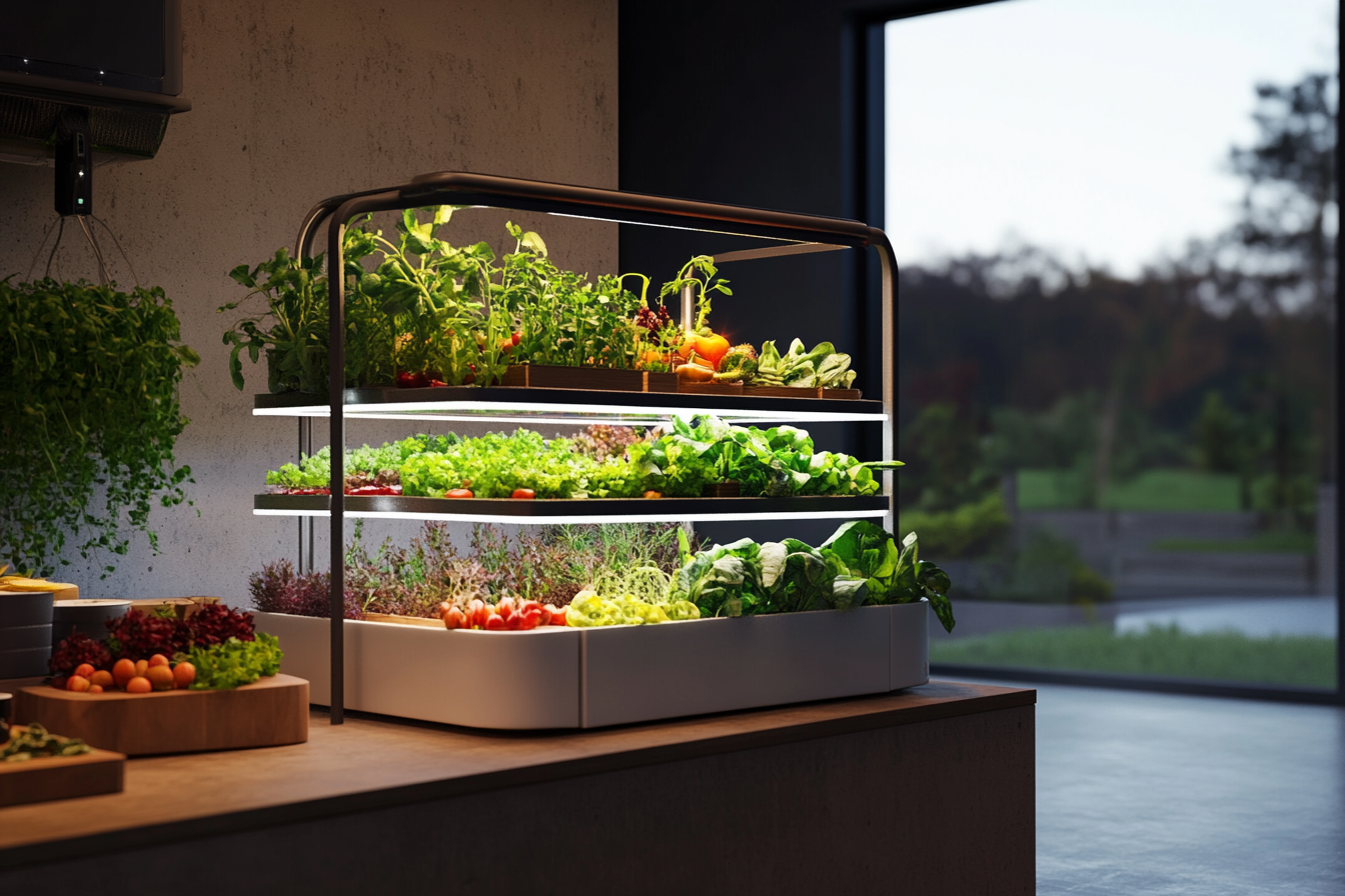 Ein modernes Indoor-Farming-System zeigt übereinandergestapelte Pflanzenregale mit frischen Kräutern und Salaten in einem urbanen Raum. Automatisierte Bewässerung und Beleuchtung sind sichtbar, während ein Fenster im Hintergrund den städtischen Alltag reflektiert. Nachhaltigkeit wird durch Recycling-Elemente betont.