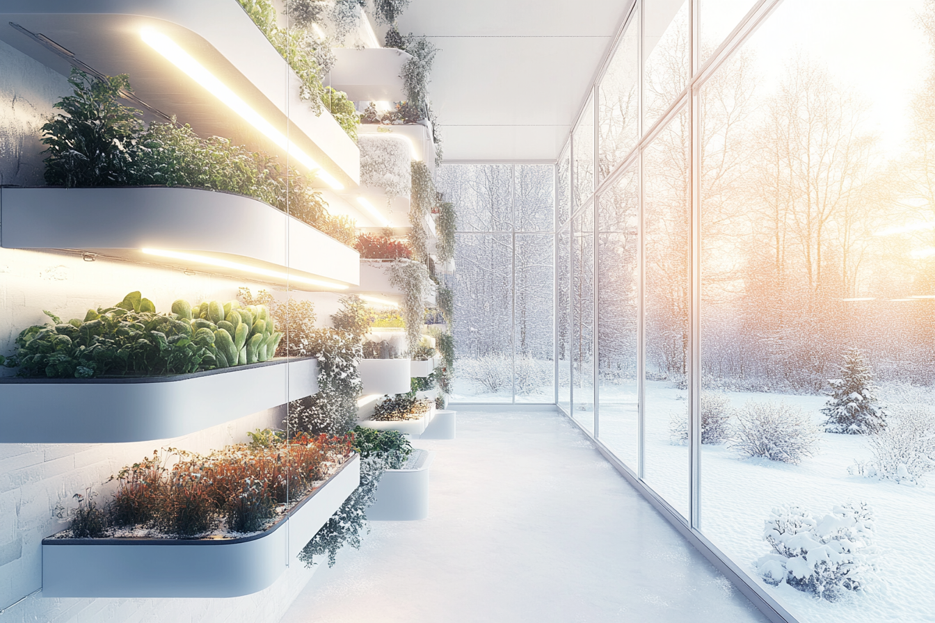 Ein Bild zeigt ein modernes Vertical Farming-System im Winter. Innenraum mit mehreren Ebenen, auf denen Kräuter und Blattgemüse angebaut werden. Über LED-Leuchten scheint Licht, während eine Heizung sichtbare Wärme erzeugt, um die kühlen Temperaturen zu kompensieren. Fenster draußen zeigen schneebedeckte Landschaften, was die Herausforderungen des Winteranbaus unterstreicht.