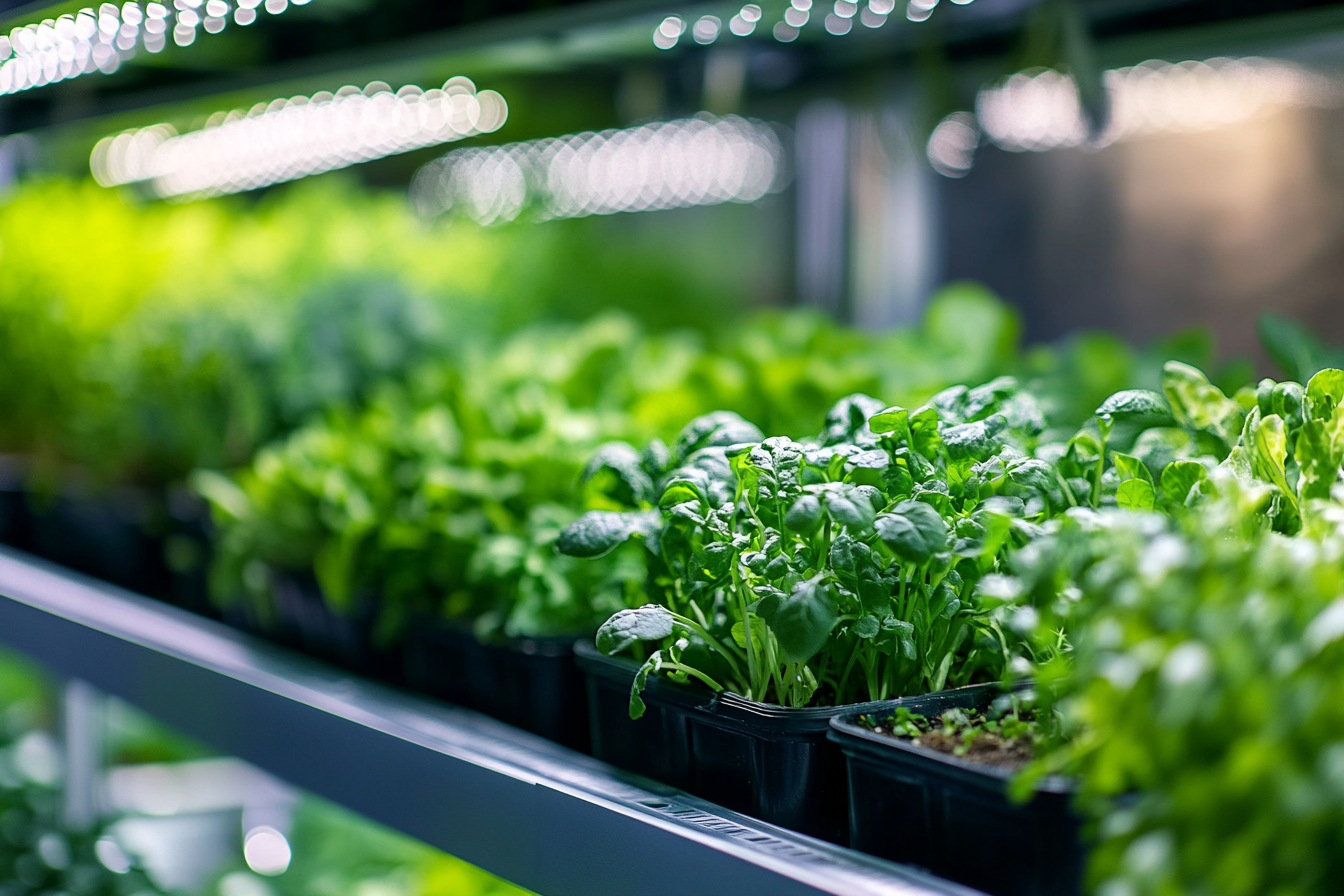 Ein Bild zeigt ein modernes Vertical Farming-System mit mehreren übereinander gestapelten Pflanzenregalen. In den Regalen wachsen Kräuter, Microgreens und Blattgemüse in einem hydroponischen System. Wasserflüsse sind sichtbar, während der Raum gut beleuchtet ist. Grafiken und Zahlen verdeutlichen die Reduktion des Wasserverbrauchs um bis zu 95%.