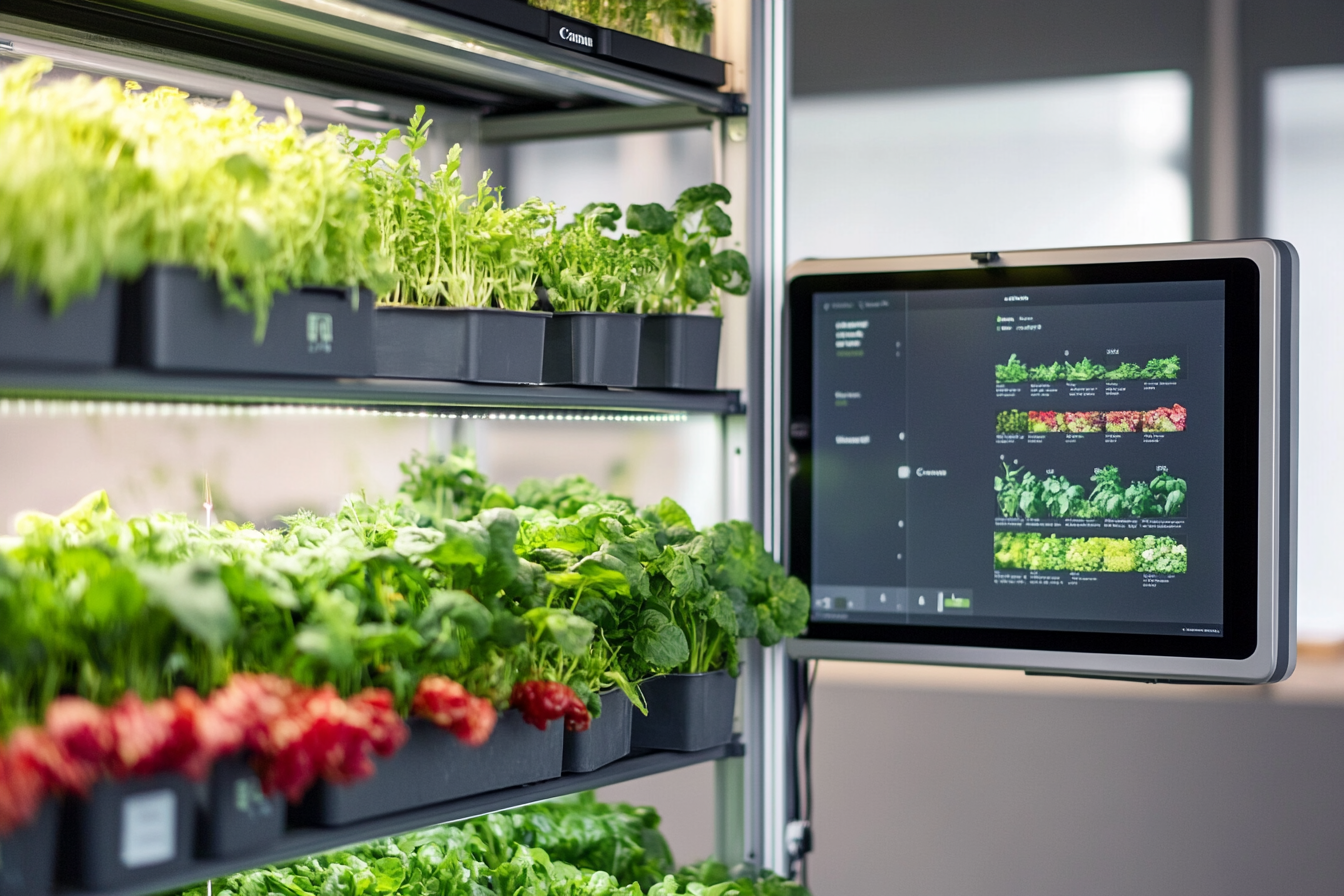 Eine vertikale Farm zeigt verschiedene Schichten von Pflanzen in verschiedenen Wachstumsstadien. Auf der linken Seite werden Pflanzen wie Kopfsalat und Majoran deutlich sichtbar, während rechts ein Monitor die ertragssteigernde Technologie sowie Daten zu Ernteerträgen und Wachstumszeiten darstellt. Lichtsysteme und Wassertanks ergänzen das Bild und verdeutlichen die moderne Anbautechnik.