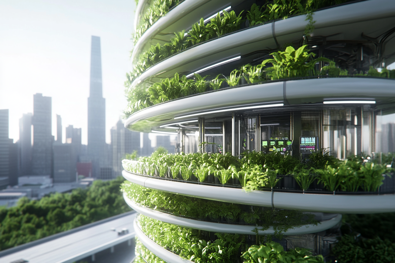 Ein modernes Vertical Farming-System zeigt übereinander gestapelte Pflanzenregale in einem urbanen Umfeld. Smart-Sensoren und Automatisierungstechnologien sind sichtbar, während Wasser- und Nährstoffkreisläufe verdeutlicht werden. Der Hintergrund zeigt eine Stadtlandschaft, die die Verbindung zwischen Urbanisierung und nachhaltiger Nahrungsmittelproduktion symbolisiert.