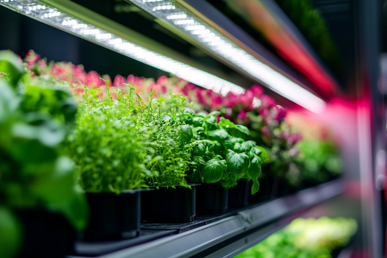 Ein Bild einer modernen Vertical Farm zeigt übereinander gestapelte Pflanzregale mit LED-Beleuchtung. Verschiedene Blattgemüse und Kräuter wie Rucola und Basilikum wachsen in gut kontrollierten Bedingungen. Temperatur- und Feuchtigkeitsmessgeräte sind deutlich sichtbar, was die technologische Präzision betont.