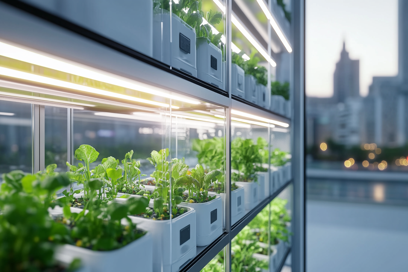 Ein Bild zeigt ein modernes Vertical Farming-System in einem urbanen Umfeld. Mehrstöckige Regalsysteme mit leuchtenden Pflanzen in hydroponischen Becken. Der Hintergrund zeigt eine Stadtlandschaft, die die Verbindung von Landwirtschaft und Urbanität verdeutlicht.