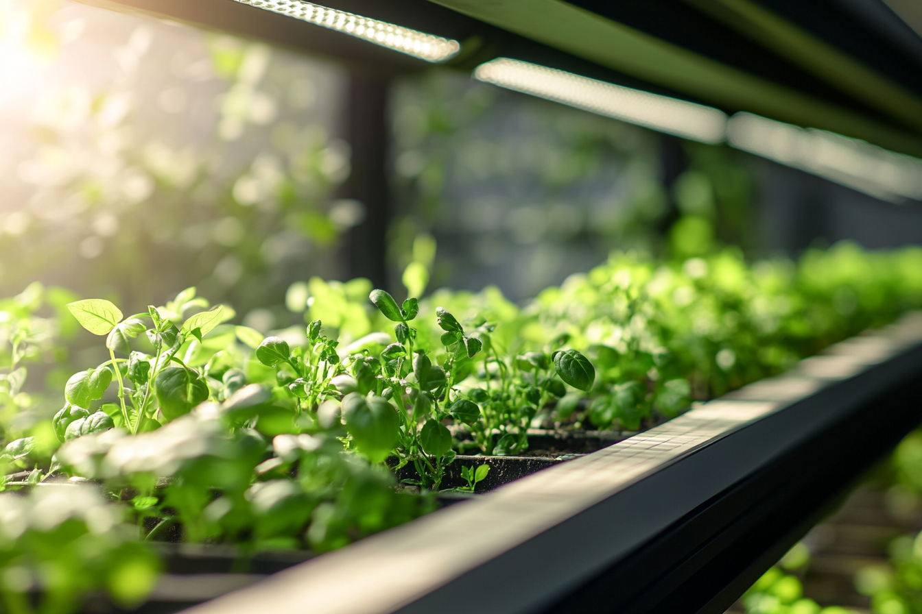 Ein Bild zeigt eine vertikale Farm mit mehreren Ebenen, auf denen frische Pflanzen und Kräuter wachsen. Im Hintergrund sieht man eine Stadtlandschaft, die den urbanen Kontext verdeutlicht. Technologie und Lichtsysteme sind sichtbar, die die optimalen Wachstumsbedingungen unterstützen.