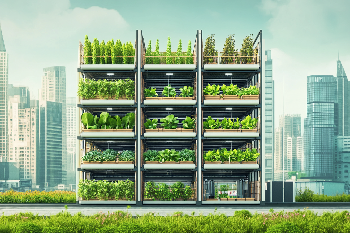 Ein urbanes Vertical Farming-System mit mehreren übereinander gestapelten Pflanzenregalen. Vorangestellte, gesunde Pflanzen in blühenden Farben, während im Hintergrund das Stadtbild sichtbar ist. Diagramme zeigen die Effizienz und Vorteile wie ganzjährige Produktion und Platzoptimierung.