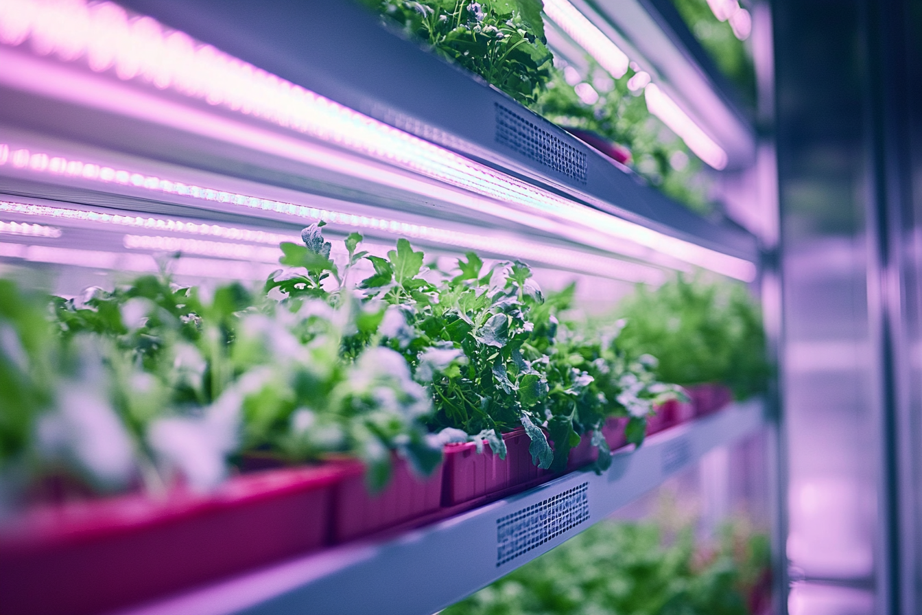 Ein modernes Vertical Farming System zeigt übereinander angeordnete Pflanzenregale mit verschiedenen Anbausystemen wie Hydroponik und Aeroponik. Oben strahlen energieeffiziente LED-Lampen, während Klimakontrollgeräte die Luftfeuchtigkeit und Temperatur steuern. Grafiken verdeutlichen die Integration von Nährlösungen und Fischhaltung.