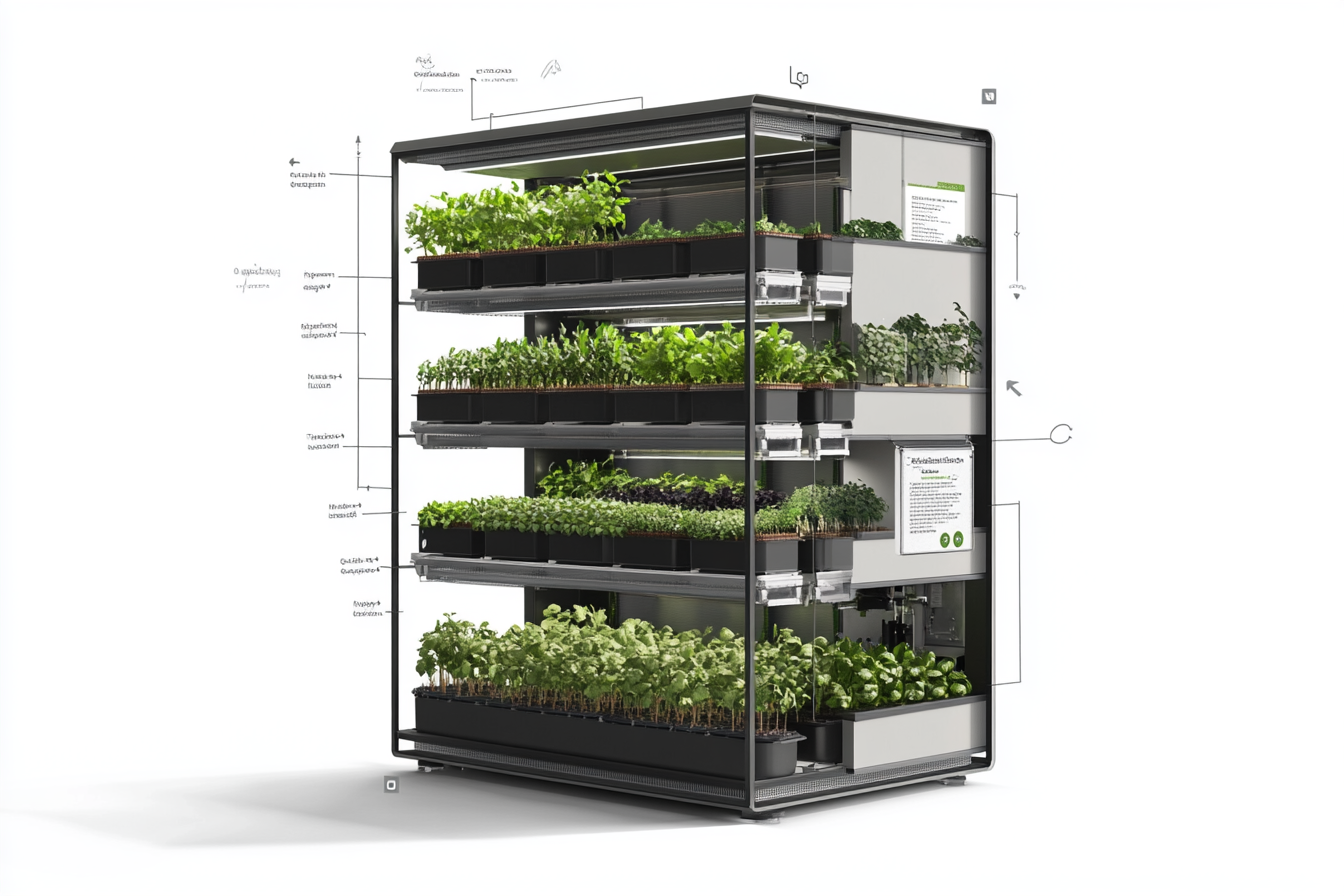 Eine Übersicht zeigt die Kosten für den Start einer Vertical-Farm. Diagramme illustrieren Infrastrukturkosten für Gebäude und Technologie, darunter LED-Beleuchtung und HVAC-Systeme. Zusätzliche Informationen zu Ausrüstung, Pflanzmaterialien und laufenden Betriebskosten sind hervorgehoben. Ein Balkendiagramm verdeutlicht die variablen Kosten von kleinen bis mittelgroßen Farmen.