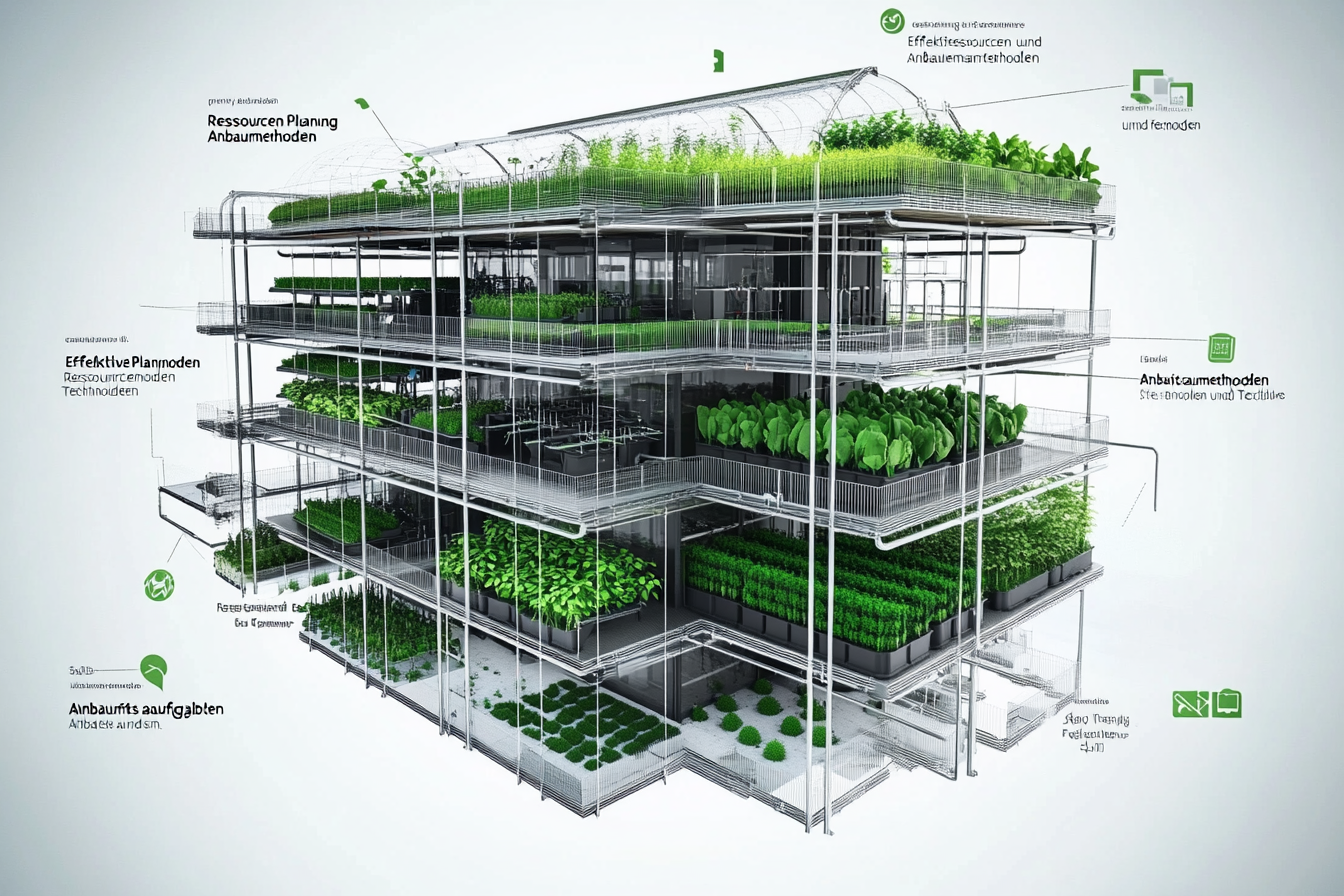 Ein Diagramm zeigt den Planungsprozess für eine Vertical Farm. In der Mitte steht „Effektive Planung“, umgeben von Schlüsselpunkten wie „Ressourcen und Technologien“, „Anbaumethoden“ und „Arbeitsaufgaben“. Grafische Symbole für Pflanzen, Technologien und Teamarbeit verdeutlichen die Zusammenarbeit und Struktur.