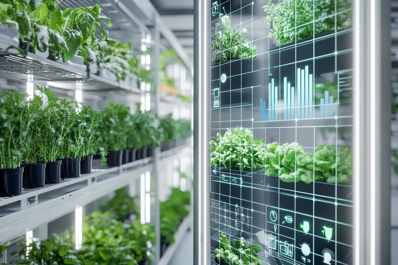 Eine Visualisierung von Vertical Farming zeigt eine mehrstöckige Indoor-Anlage mit verschiedenen Pflanzen auf Regalen. Links sind Kräuter und Gemüse in verschiedenen Wachstumsphasen zu sehen, während rechts ein Diagramm über Umweltfaktoren wie Licht, Temperatur und Luftfeuchtigkeit informiert. Im Hintergrund sind Technologien zur Überwachung dargestellt, die den innovativen Ansatz unterstreichen.