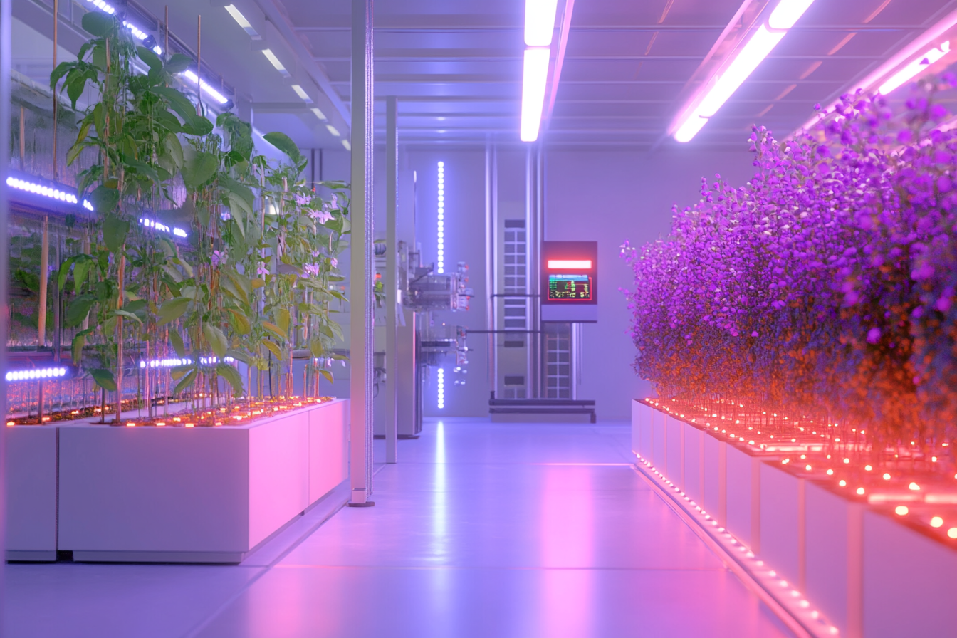 Ein modernes Indoor-Farming-System zeigt vertikale Gartenkonstruktionen mit Pflanzen in verschiedenen Wachstumsphasen. LED-Leuchten illuminieren präzise klimatisierte Bedingungen, während eine digitale Anzeige Temperatur und Luftfeuchtigkeit steuert. Im Hintergrund sind technische Geräte und Wasserreservoire sichtbar, die die Ressourcenschonung betonen.