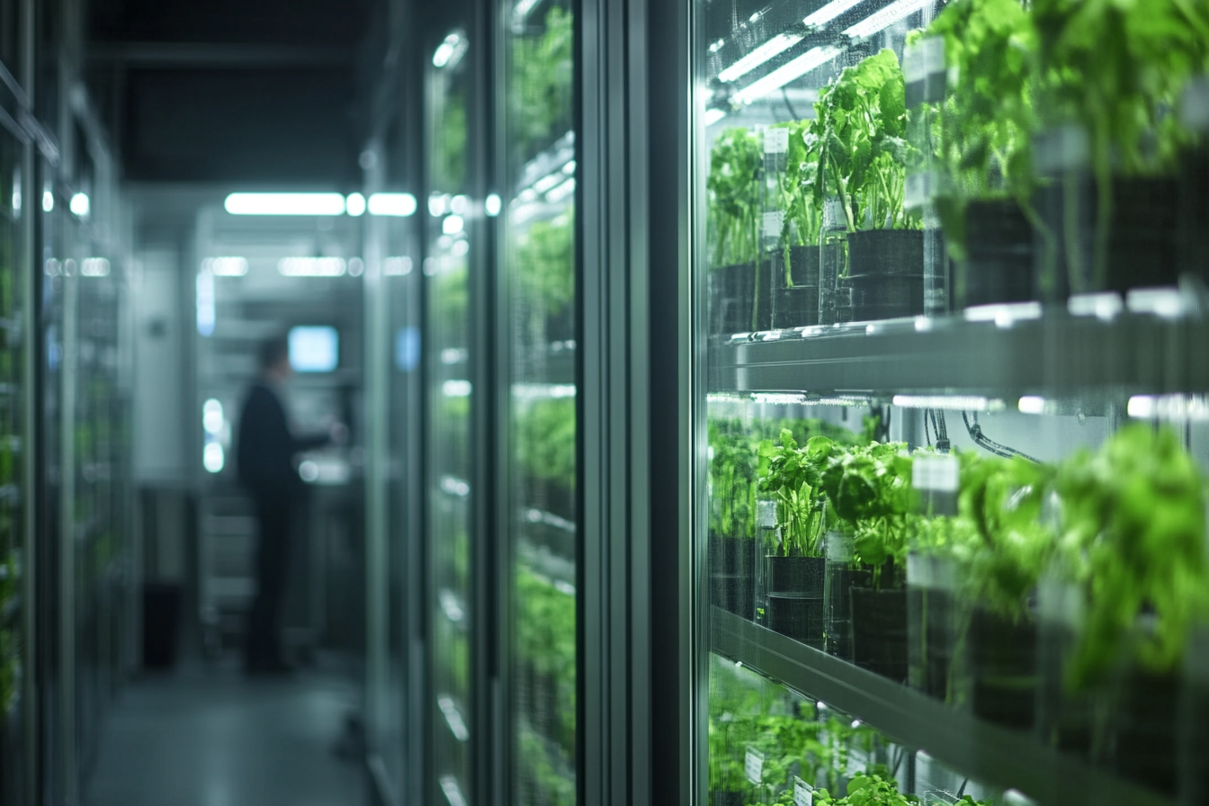 Eine moderne Vertical Farming-Anlage zeigt innovative Technologien zur Ertragsoptimierung. Im Vordergrund befinden sich hydroponische Systeme und spektroskopische Geräte. Mitarbeiter überwachen die Anlagen, während Grafiken im Hintergrund Prozesse darstellen. Probleme wie technische Evaluierungen und Schulungsbedarf werden symbolisch durch Fragezeichen und Hürden illustriert.