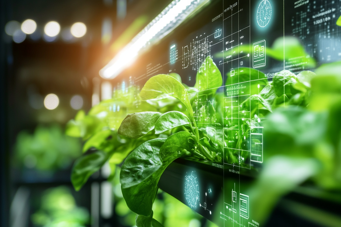 Eine Grafik zeigt Strategien für Energiemanagement im Vertical Farming. Im Vordergrund sind Pflanzen unter energieeffizienten LED-Lichtern, während im Hintergrund Diagramme die Einsparpotenziale und Herausforderungen der Energiekosten darstellen. Visuelle Elemente wie Pfeile und Symbole verdeutlichen den Einfluss der Technologie auf Kosten und Effizienz.