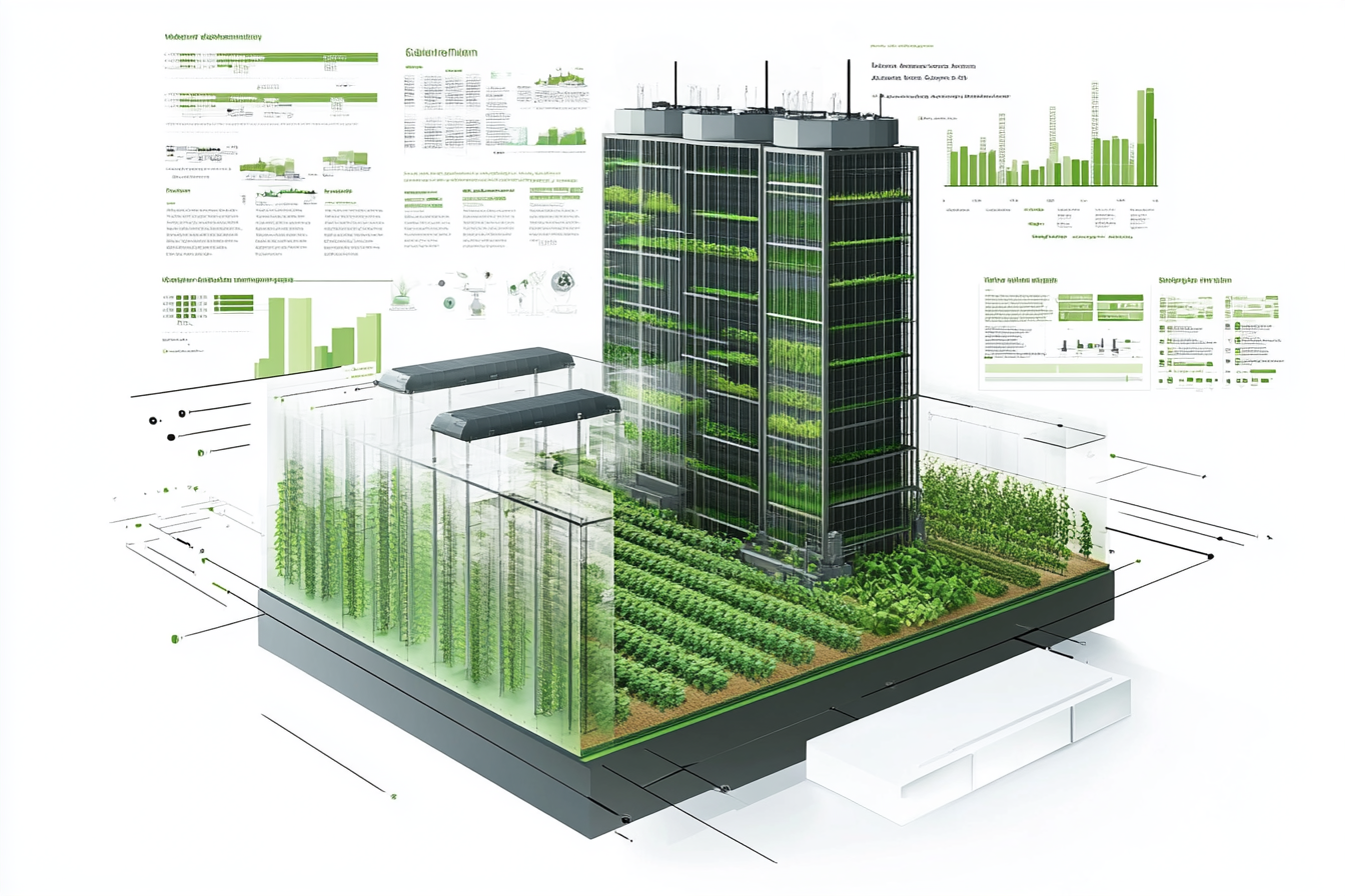 Ein Diagramm zeigt die wirtschaftlichen Herausforderungen von Vertical-Farming-Projekten. Oben sind hohe Investitionskosten abgebildet, darunter Technologien und Infrastruktur. Links wird eine Marktanalyse mit Wettbewerbsdruck und Preisstrategien dargestellt. Ein Graf mit einer wachsenden Rentabilitätskurve symbolisiert die Bedeutung sorgfältiger Planung für den langfristigen Erfolg.