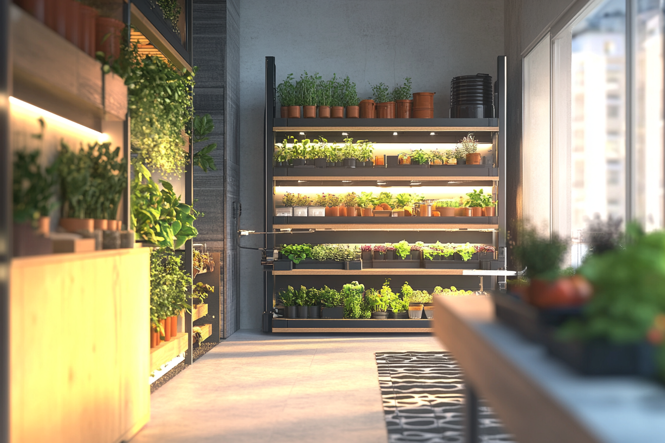 Ein Bild zeigt verschiedene Vertical Farming-Anwendungen in einer urbanen Umgebung. In einem modernen Innenraum sind Pflanzen in Regalbeeten angeordnet. Auf einem Balkon sind Pflanzampeln und Kästen sichtbar. Das Bild vermittelt vielseitige Anbauoptionen und optimalen Platzbedarf für frische Lebensmittel.