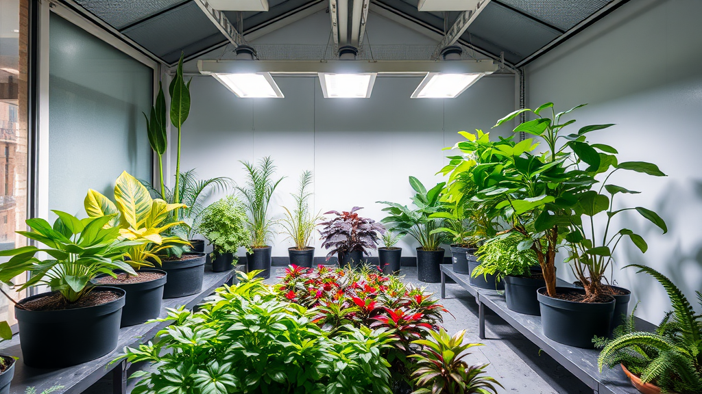 Innenraumbewirtschaftung mit verschiedenen Lichtquellen: LED, HPS und CFL, passend für das Pflanzenwachstum, angeordnet in einem urbanen Garten.
