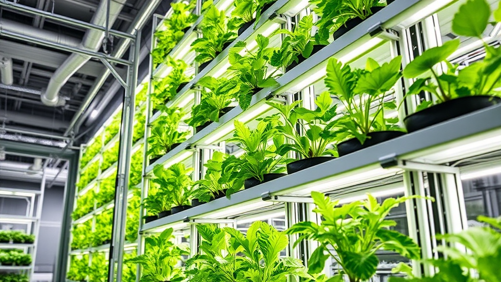 Moderne Vertical-Farming-Anlage mit KI-gesteuerten Sensoren zur Überwachung von Wachstumsbedingungen und automatisierten Systemen für Licht und Nährstoffzufuhr.