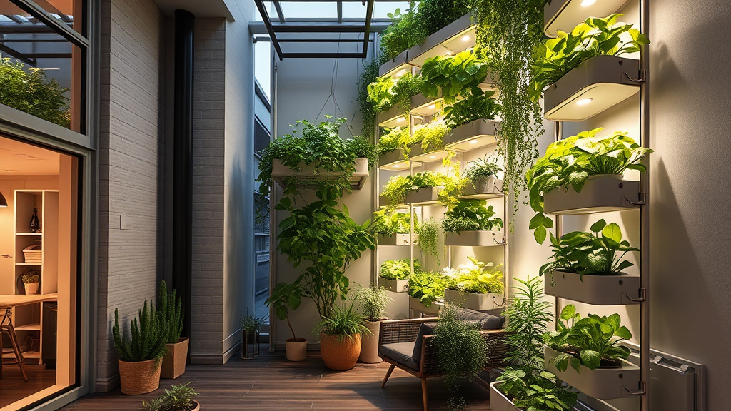 Stadtwohnung mit Vertical-Farming-System, künstlicher Beleuchtung und Pflanzen in vertikalen Regalen, Fokus auf Energieeffizienz und Kosteneinsparungen.