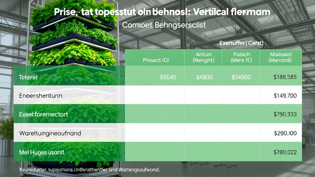 Visualisierung einer Vertical Farm mit Preisübersicht für Betriebskosten, einschließlich Energiekosten, Arbeitskraft und Wartungsaufwand.