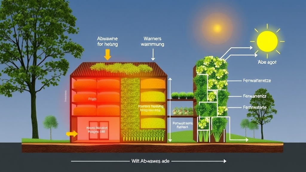 Diagramm einer Vertical-Farming-Anlage mit Wärmerückgewinnungssystemen, das die Nutzung von Abwärme für Heizung, Wassererwärmung und Fernwärmenetze veranschaulicht.