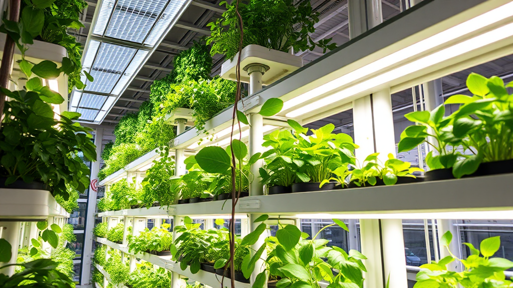 Moderne Vertical Farm mit energieeffizienter LED-Beleuchtung, Klimatisierungssystemen und Solarpanelen für nachhaltiges Energiemanagement.