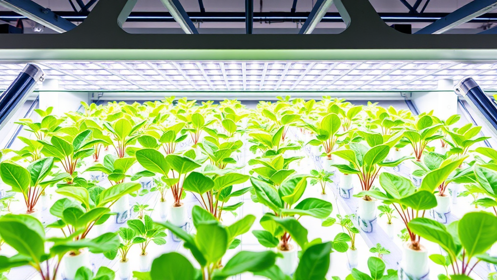 Moderne Vertical-Farming-Anlage mit energieeffizienten LED-Lichtern und intelligenten Lichtsteuerungen, die präzise Lichtverhältnisse für optimales Pflanzenwachstum gewährleisten.