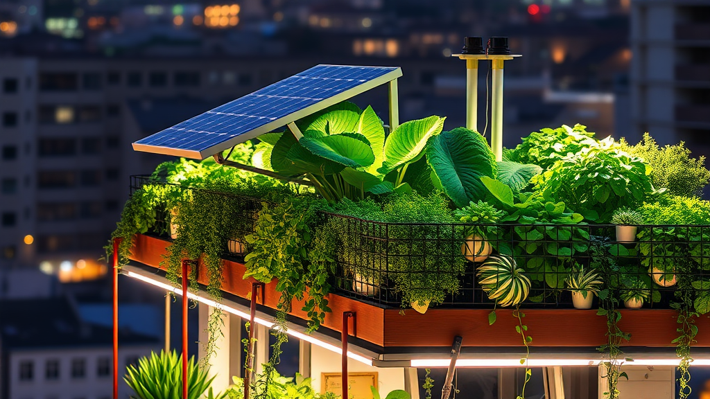 Vertical Farm mit integrierten LED-Beleuchtungssystemen und Solarpanels auf dem Dach, die nachhaltige Energie für Pflanzenwachstum und Klimatisierung nutzen.