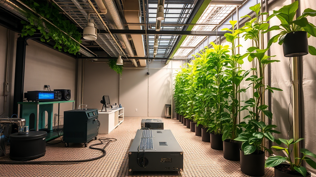 Ausstattung einer Vertical-Farming-Anlage mit schalldämmenden Materialien, Pflanzen zur Schallabsorption und Geräten auf vibrationsdämpfenden Unterlagen.