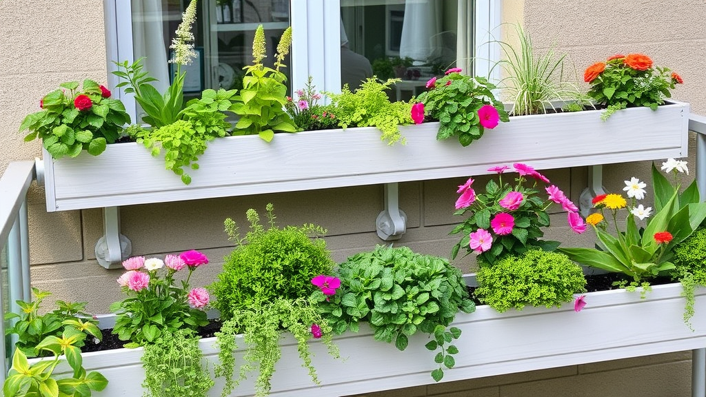 Balkon mit vertikalen Pflanzsystemen, frischen Kräutern und Blumen, ausgestattet mit automatischer Tropfbewässerung und Drainagelöchern für gesunde Pflanzen.