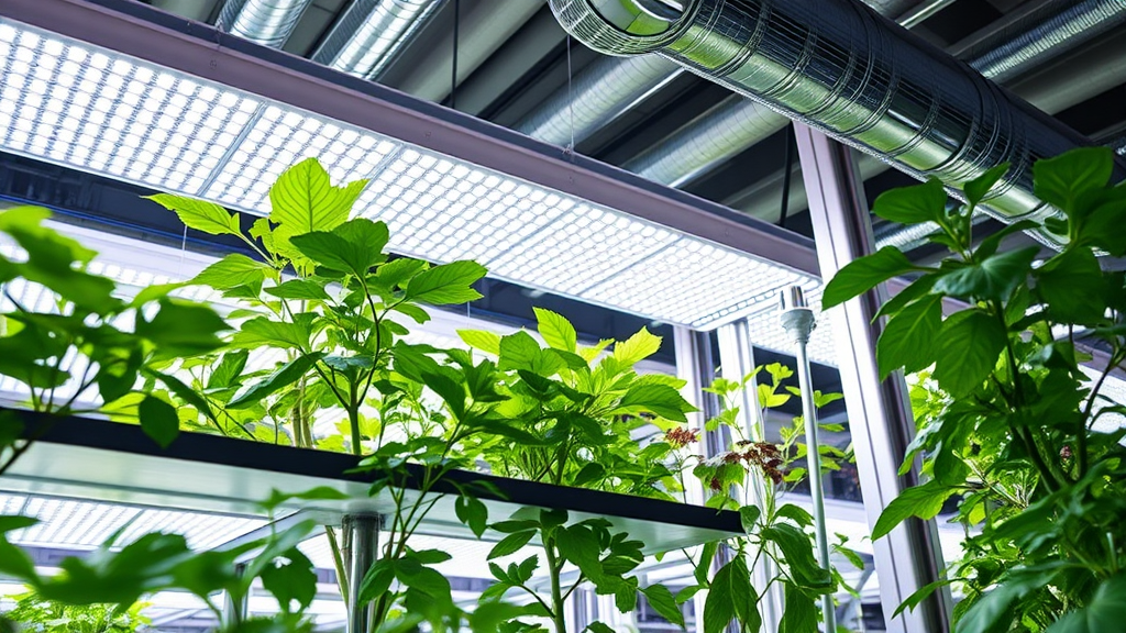 Beleuchtete Vertical-Farming-Anlage mit LED-Lampen und modernen HVAC-Systemen zur Klimatisierung, die optimale Wachstumsbedingungen schaffen.