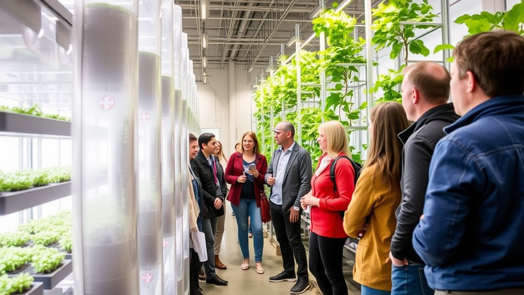 Besuchergruppe bei einer Führung in einer Vertical-Farming-Anlage, die den Anbauprozess beobachtet und an einem Workshop zu nachhaltiger Landwirtschaft teilnimmt.