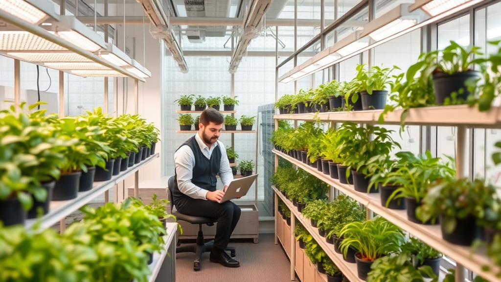 Bild eines ruhigen Arbeitsbereichs in einer Vertical-Farm, mit leisen Geräten und beruhigender Pflanzumgebung, die sowohl Mitarbeiter als auch Pflanzen unterstützt.