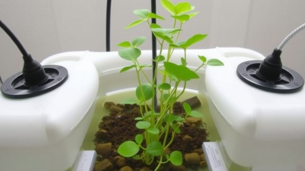 DIY Deep Water Culture (DWC) Hydroponik-System: Behälter mit Netztöpfen und Belüftung, gefüllt mit Nährlösung und stabilisiertem Pflanzenwachstum.