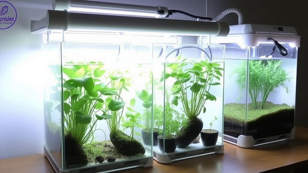DIY-Hydroponik-System aus PVC-Rohren und Wassertanks mit Pflanzen, LED-Beleuchtung und Luftpumpe zur Sauerstoffanreicherung der Nährlösung.