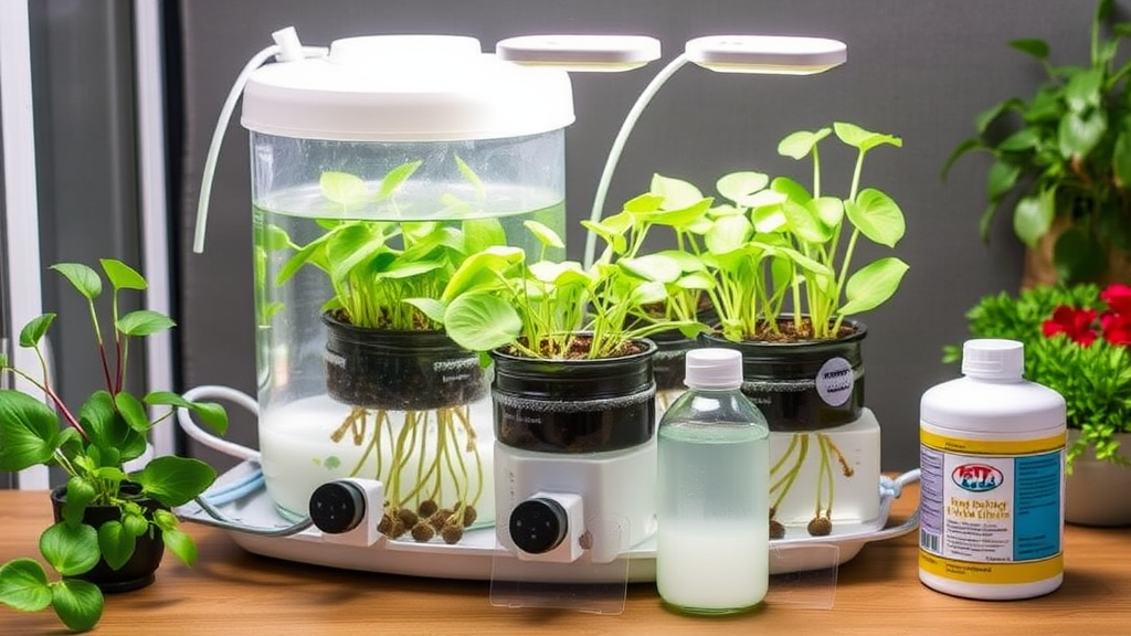 DIY Hydroponik-System für Deep Water Culture mit Anleitung: lichtundurchlässigem Behälter, Netztöpfen, Luftpumpen und Nährlösung zur Pflanzenkultivierung.