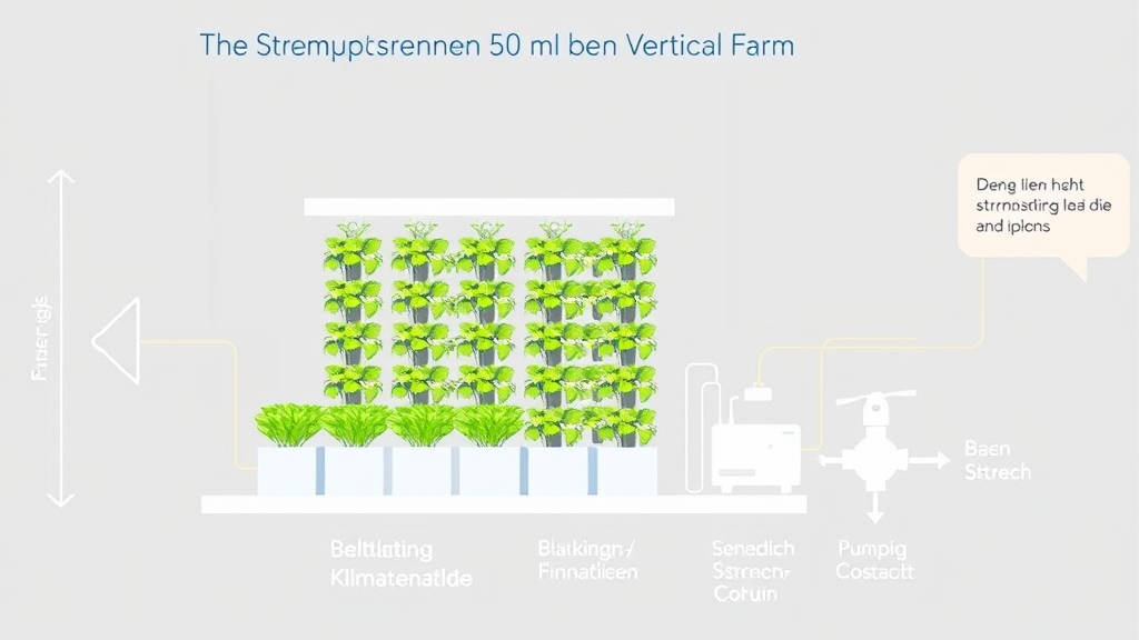 Diagramm einer 50 m² großen Vertical Farm mit Beleuchtung, Klimaanlage und Pumpensystemen, das den Stromverbrauch und die Kosten grafisch veranschaulicht.