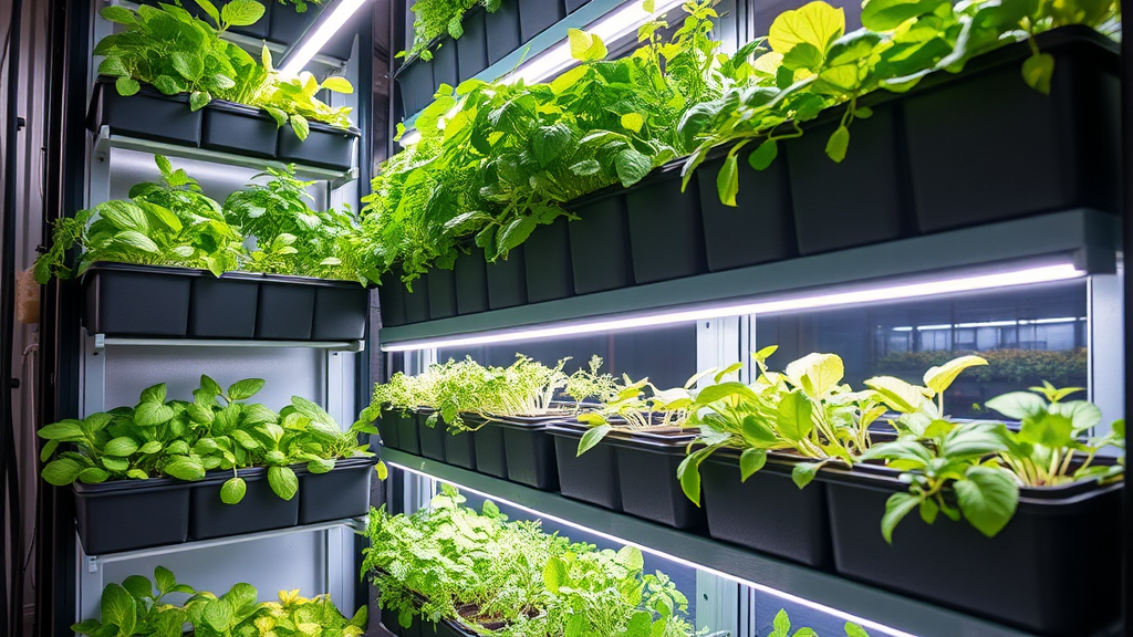 Gedeihende Kräuter wie Basilikum, Petersilie und Minze in einem Vertical-Farming-System, geordnet in vertikalen Regalen mit optimaler Beleuchtung.