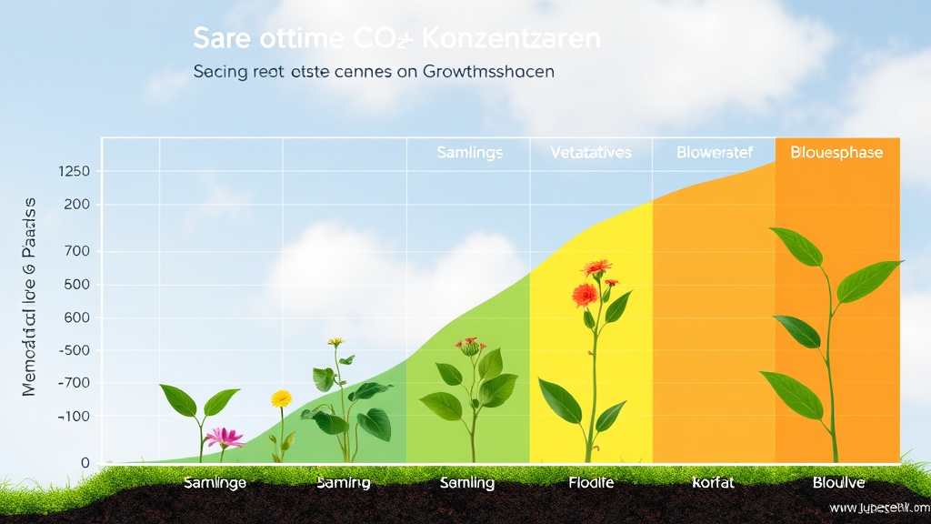 Grafik, die die optimale CO₂-Konzentration für verschiedene Wachstumsphasen von Pflanzen zeigt, mit Angaben zu Sämlings-, vegetativer und Blütephase.