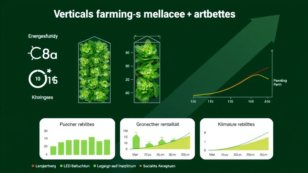 Grafik eines Vertical Farming-Betriebs mit Energieverbrauchsanalyse, LED-Beleuchtung, Klimaanlage und Diagrammen zur wirtschaftlichen Rentabilität und sozialen Akzeptanz.