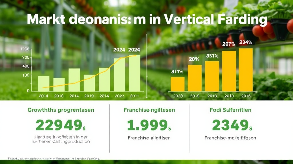 Grafik zur Marktentwicklung im Vertical Farming mit Wachstumsprognosen, Zahlen für 2024 und 2029, sowie Franchise-Möglichkeiten in der nachhaltigen Lebensmittelproduktion.