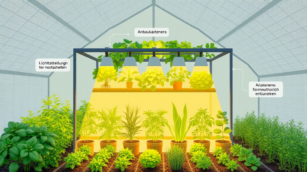 Illustration eines Erntekalenders für eine Indoor-Farm, der Anbauzeiten, Lichtsteuerung und Nährstoffdosierung für verschiedene Pflanzenarten zeigt.
