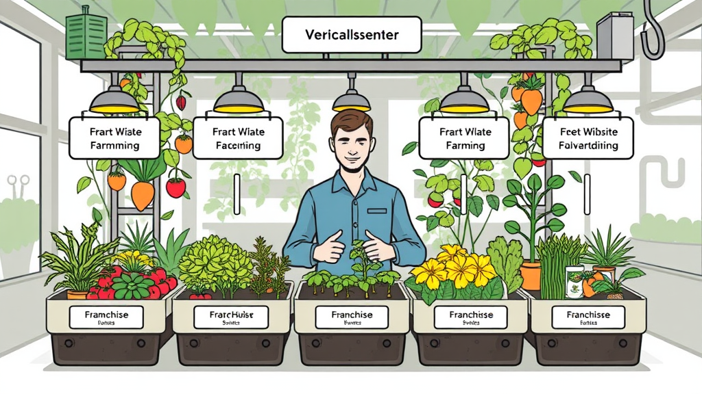 Illustration eines Franchise-Modells im Vertical Farming, mit mehreren Franchisenehmern, die lokale Betriebe betreiben, unterstützt durch einen zentralen Franchisegeber.