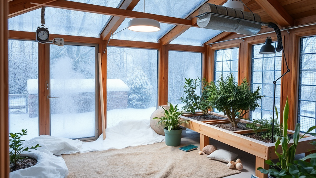 Indoor-Anbau von Wintergemüse in einem Gewächshaus mit stabilen Temperaturen, Hygrometer zur Überwachung und Luftbefeuchter zur Regulierung der Luftfeuchtigkeit.