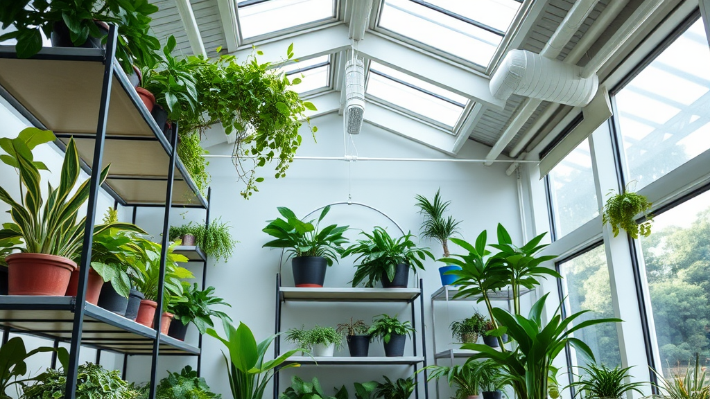 Indoor-Anbauraum mit CO₂-Sensoren zur Überwachung der CO₂-Konzentration, Pflanzen in Regalen und Belüftungssystemen für sichere Luftzirkulation.