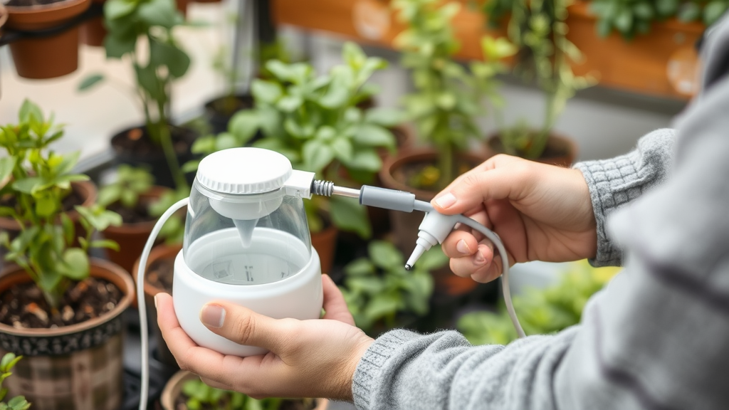 Indoor-Gärtner, der die Feuchtigkeit des Substrats für Wintergemüse überprüft, mit Pflanzen in Töpfen und Bewässerungsgerät in der Hand.