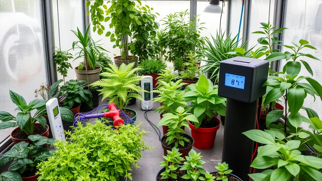 Indoor-Garten mit Pflanzen, die bei optimaler CO₂-Konzentration wachsen; Temperatursensoren und CO₂-Generatoren zur Überwachung der Wachstumsbedingungen.