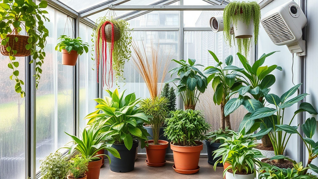 Indoor-Garten mit sauberen Pflanzen, gutem Abstand und einer effektiven Belüftung durch Ventilatoren zur Förderung der Luftzirkulation und Krankheitsvermeidung.