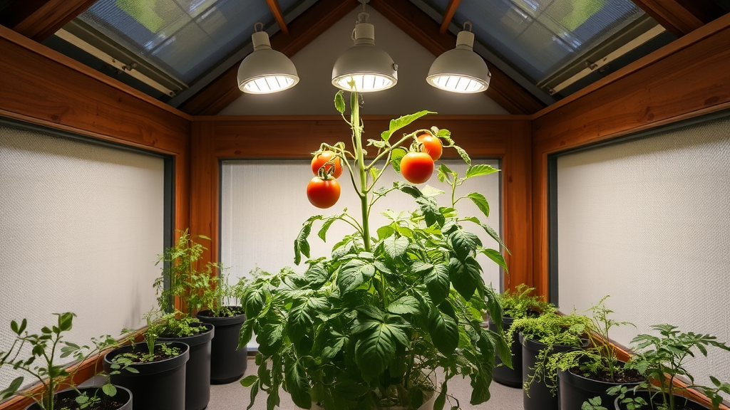 Innenanbau von Wintergemüse mit speziellen LED-Pflanzenlampen, die gleichmäßiges Licht für die gesunde Entwicklung von Salat und Tomaten abgeben.