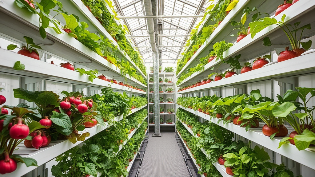 Innenansicht einer Vertical-Farming-Anlage mit üppigen Pflanzen in vertikalen Regalen und modernen Anbausystemen, die ganzjährige Lebensmittelproduktion ermöglichen.