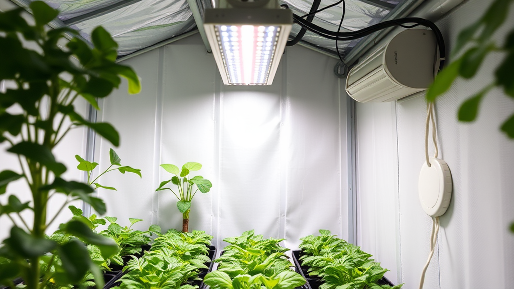 Innenszenario einer Indoor-Farm mit modifizierten LED-Grow-Lampen, Temperatursensoren und Ventilatoren zur optimalen Regulierung von Licht, Temperatur und Luftfeuchtigkeit.