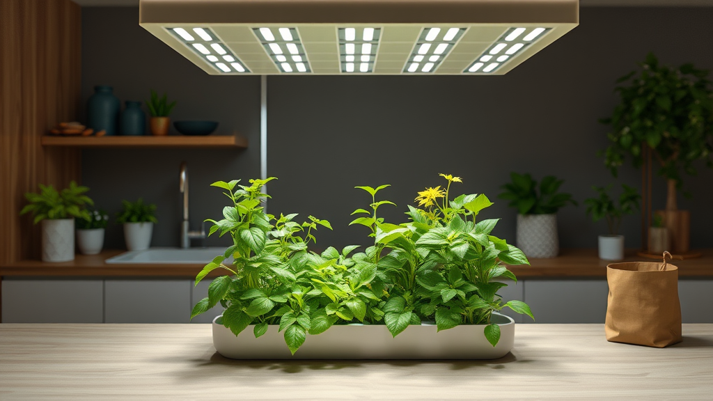 Kompaktes Indoor-Farming-System in einer modernen Küche mit hydroponischen Pflanzen, LED-Beleuchtung und gesunden Kräutern für die nachhaltige Nahrungsmittelproduktion.